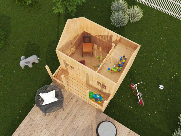 Alpholz Spielhaus Saga Kinderspielhaus aus Holz, Kinderhaus mit 45 mm Wandstärke Holzhaus Kinder, Naturbelassen 2,2x2,2m