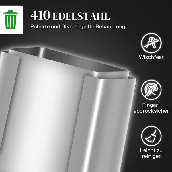Nahaufnahme von poliertem 410 Edelstahl für Abfalleimer, wischfest, fingerabdrucksicher und leicht zu reinigen.