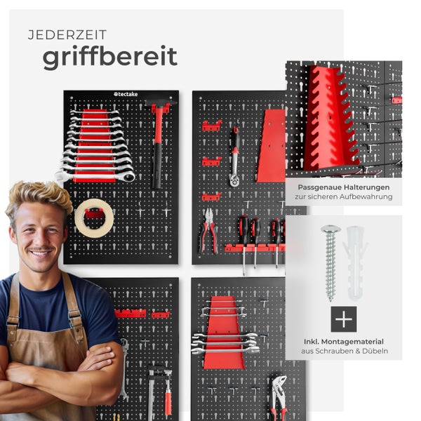 Werkzeuglochwand tectake Jonah Belastbarkeit 4 kg pro Platte vierteilig schwarz/rot