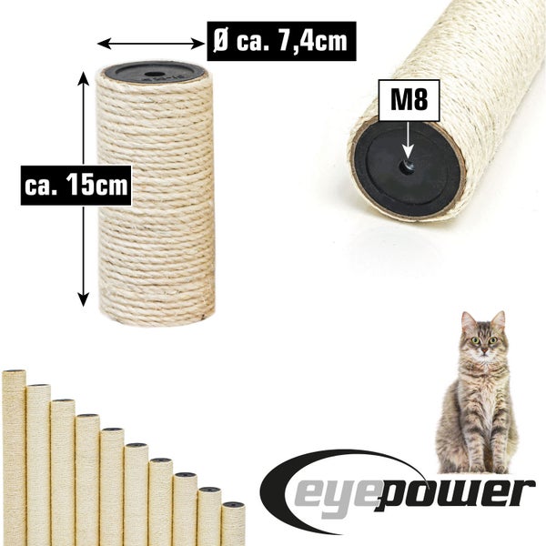 Sisal-Ersatzstamm für Kratzbäume mit circa 15 cm Höhe, 7,4 cm Durchmesser, M8-Gewinde und eyepower Logo.