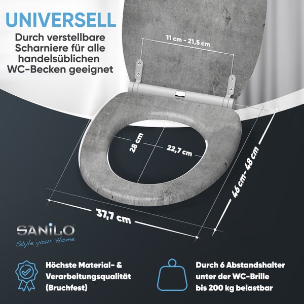 WC-Sitz in Beton-Optik mit Maßen: Breite 37,7 Zentimeter, Länge 46 bis 48 Zentimeter, Scharniere 11 bis 21,5 Zentimeter. SANILO Logo.