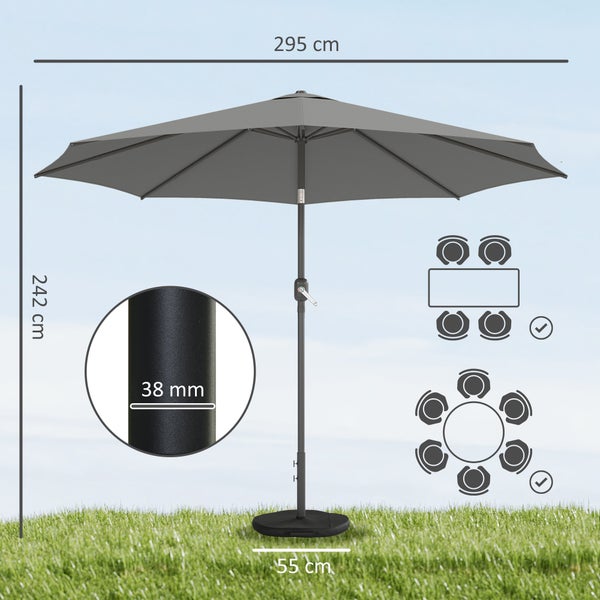 Grauer Sonnenschirm mit Kurbel, Durchmesser 295 Zentimeter, Höhe 242 Zentimeter, Mastdurchmesser 38 Millimeter, mit Maßangaben und Sitzplatzkapazität.
