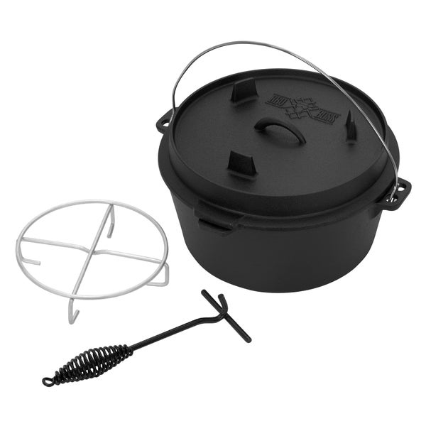 BBQ#BOSS Dutch Oven Set BBQ 9 Liter, Eingebrannter Feuertopf aus Gusseisen, Kochtopf mit Deckelheber und Edelstahluntersetzer, Schmortopf mit Schlitz für Themormeter, Grilltopf für Outdoor & Indoor