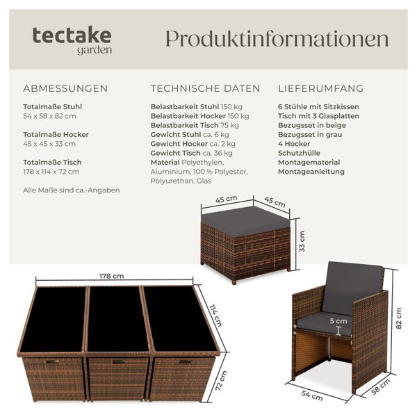 Rattan Sitzgruppe tectake New York 2 Bezugssets, zusammenschiebbar, inklusive Schutzhülle mit Aluminiumgestell schwarz/braun