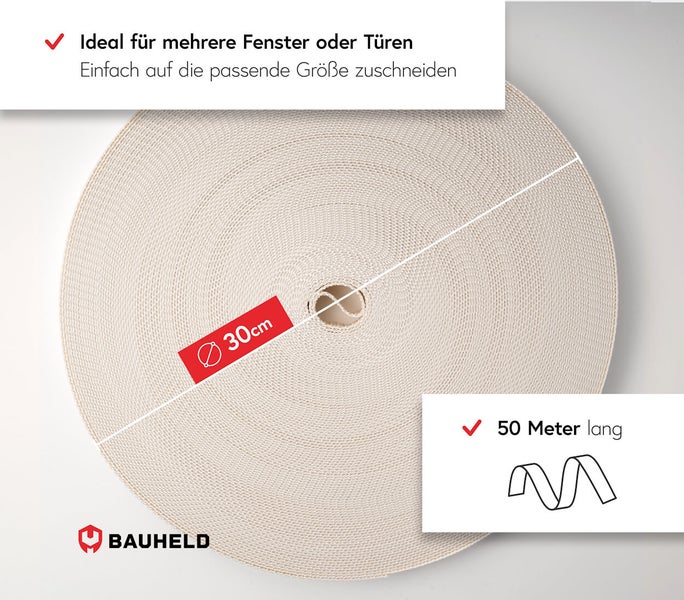 Aufrollbares Dichtungsband mit einem Durchmesser von 30 Zentimetern und einer Länge von 50 Metern.
