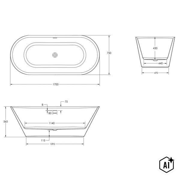 Technische Zeichnung mit Maßangaben einer freistehenden Badewanne in ovaler Form für die Badezimmerplanung.