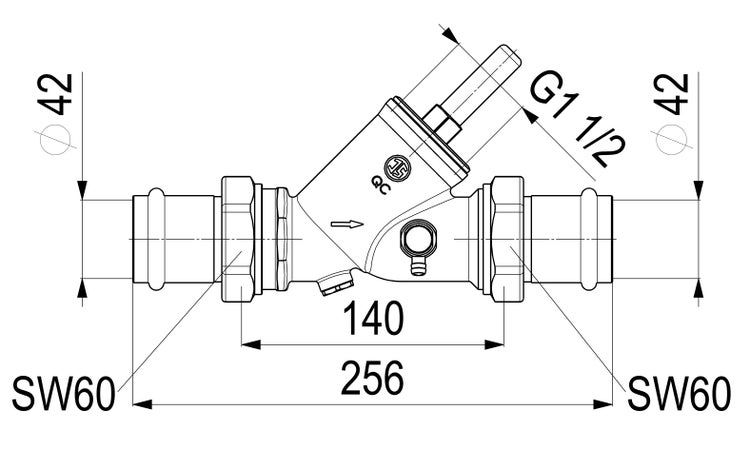 Technische Zeichnung eines Schrägsitzventils: Länge 256 Millimeter, Durchmesser 42 Millimeter, Gewinde G 1 1/2 und Schlüsselweite 60.