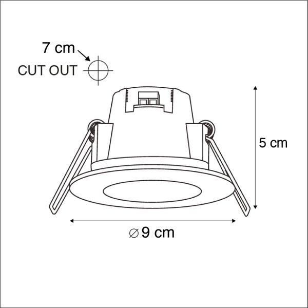 Maßzeichnung eines Einbaustrahlers: Außendurchmesser 9 Zentimeter, Höhe 5 Zentimeter und Lochausschnitt 7 Zentimeter.
