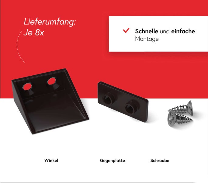 Winkel, Gegenplatte und Schrauben für eine einfache Montage