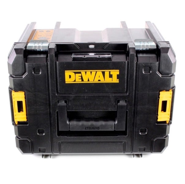 DeWALT Werkzeugbox aus robustem Kunststoff mit Tragegriff und seitlichen gelben Clips zum Stapeln.