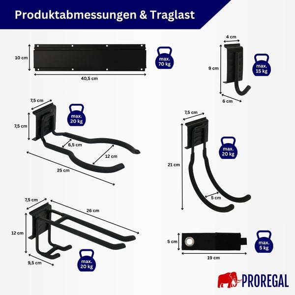 Technische Zeichnung der Produktabmessungen und maximalen Traglast für verschiedene Wandhaken und eine Wandschiene von Proregal.