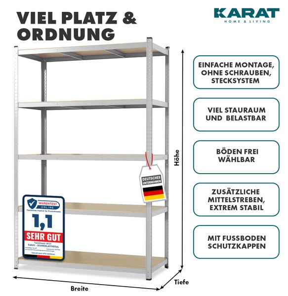 KARAT Home and Living Logo, Schwerlastregal mit fünf Böden, Stecksystem ohne Schrauben, Mittelstreben, Bodenschutzkappen, Testurteil sehr gut, Maßangaben.