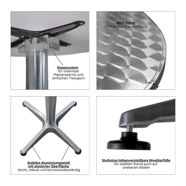 Detailansicht eines Klapptisches mit MDF-Platte, Edelstahlbeschichtung, Aluminiumgestell und höhenverstellbaren Füßen.