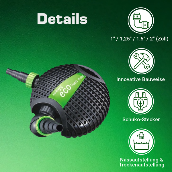 Jebao ECO Teichpumpe mit Anschlussgrößen von 1 bis 2 Zoll, innovativer Bauweise, Schuko-Stecker und geeignet für Nass- und Trockenaufstellung.