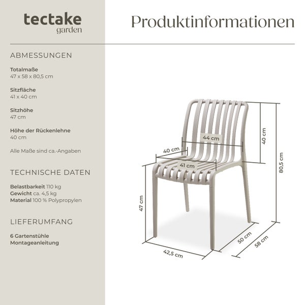 Gartenstühle tectake Alcudia 47 x 58 x 80,5 cm, Belastbarkeit 110 kg wetterfest und UV-beständig taupe