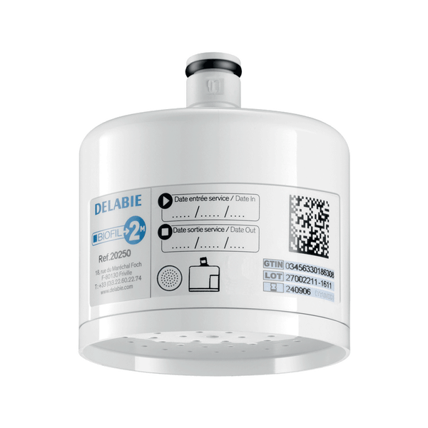 Delabie Biofil Wasserfilter-Kartusche für 2 Monate Nutzung, weiße zylindrische Form mit Brausefunktion unten.