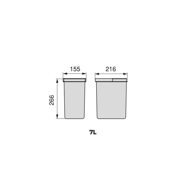 Maßskizze eines 7-Liter-Behälters: Höhe 266 Millimeter, Breite 216 Millimeter, Tiefe 155 Millimeter.
