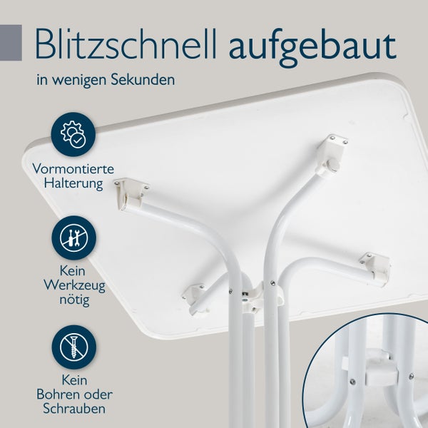 Tischunterseite mit vormontierter Halterung für schnellen Aufbau ohne Werkzeug, Bohren oder Schrauben.