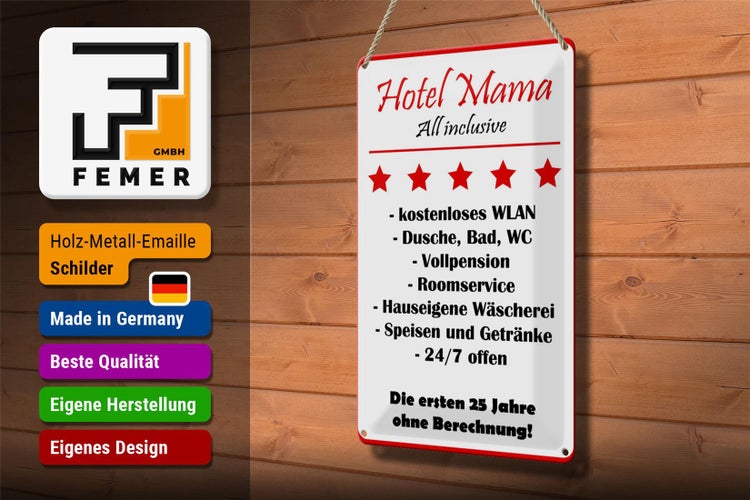 Blechschild Spruch 20x30cm Hotel Mama weiß-rotes