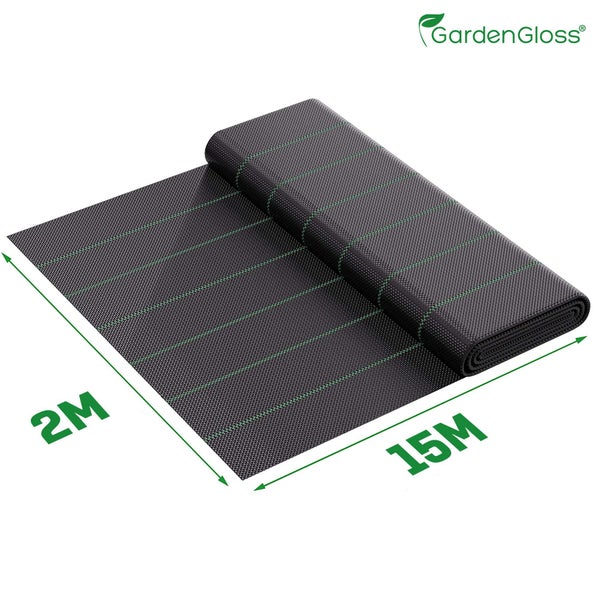 GardenGloss 30m² Anti-Unkrautgewebe 100g/m² – Wasserdurchlässig und Reissfest – Unkrautvlies Gartenvlies mit hoher UV-Stabilisierung – Bändchengewebe Unkrautfolie (15m x 2m, gefaltet)