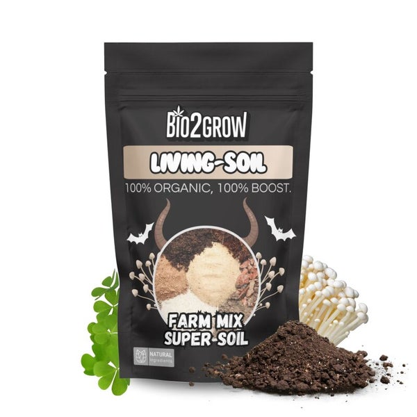 Bio2Grow Living Soil Packung mit dem Vermerk 100 Prozent organisch und natürliche Inhaltsstoffe