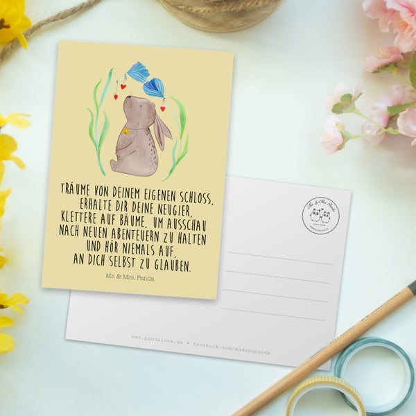 Mr. & Mrs. Panda Postkarte Hase Blume - Gelb Pastell