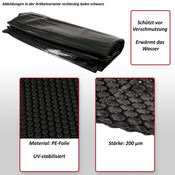 Abbildung einer rechteckigen schwarzen Poolabdeckung 6x4 Meter. Die Abdeckung schützt vor Verschmutzung, erwärmt das Wasser, besteht aus Polyethylenfolie, ist UV stabilisiert und hat eine Stärke von 200 Mikrometer.