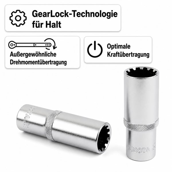 Zwei metallische Steckschlüssel Einsätze mit GearLock Technologie zur optimalen Kraftübertragung und gutem Halt von Kubota.
