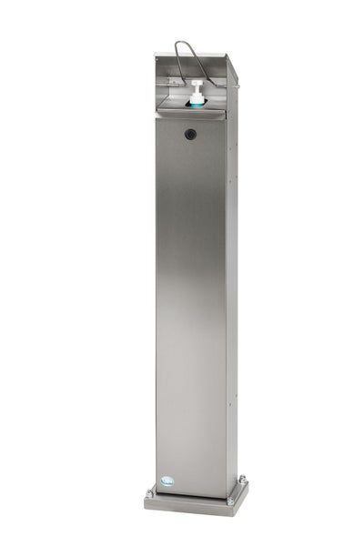 PROREGAL Robuster Handdesinfektionsspender Mit Hubmechanismus Bodenmontage HxBxT 115 x 18 x 13 cm Edelstahl Silber
