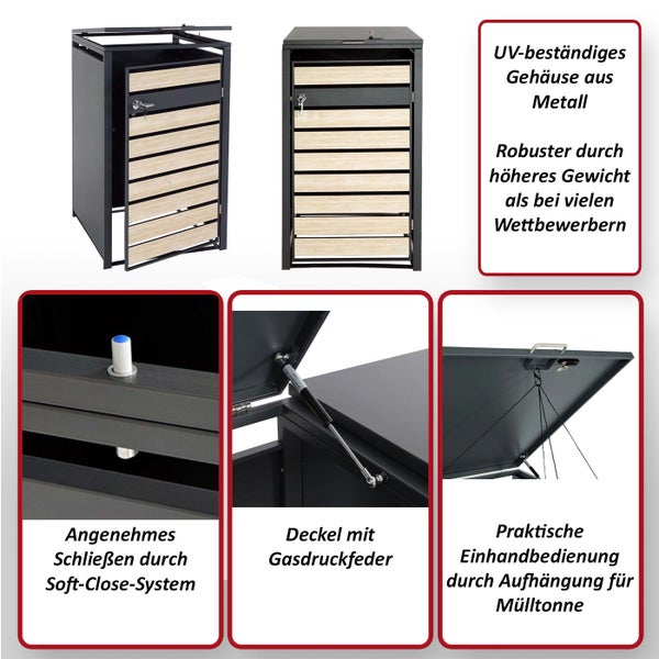 Mülltonnenbox mit UV-beständigem Metallgehäuse, Soft-Close-System und Gasdruckfeder