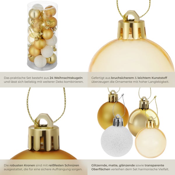 Set mit 24 Weihnachtskugeln aus Kunststoff in verschiedenen Oberflächen