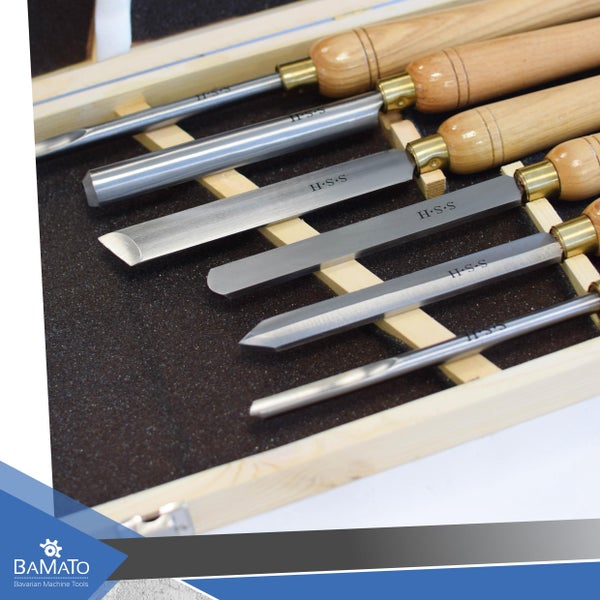 Drechselbeitel-Satz mit Holzgriffen in Holzkassette