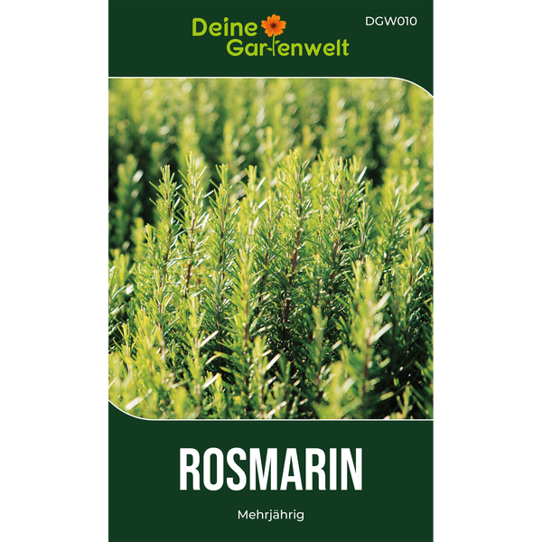 Deine Gartenwelt Logo. Samentüte für mehrjährigen Rosmarin. Nahaufnahme der Pflanze mit nadelförmigen Blättern.