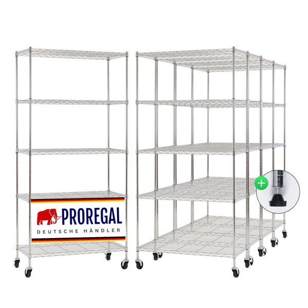 ProRegal Logo. Verchromtes Drahtregal mit fünf Ebenen auf Rollen sowie Detailansicht eines höhenverstellbaren Standfußes.