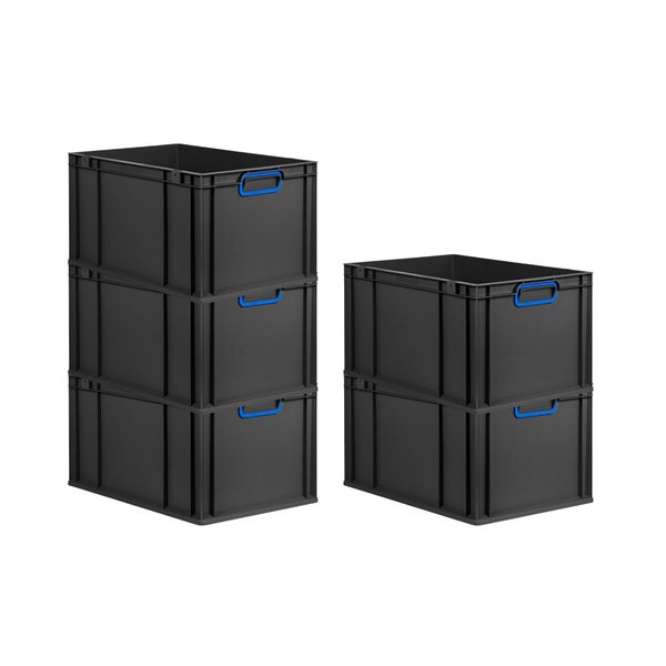 PROREGAL SparSet 5x Eurobox NextGen Color, HxBxT 32x40x60cm, 65 Liter, Griffe blau geschlossen, Verstärkter Boden, Schwarz, Eurobehälter, Transportbox, Transportbehälter, Stapelbehälter