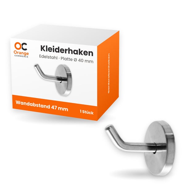 Kleiderhaken aus Edelstahl mit runder Platte von 40 Millimeter Durchmesser und 47 Millimeter Wandabstand in Verpackung