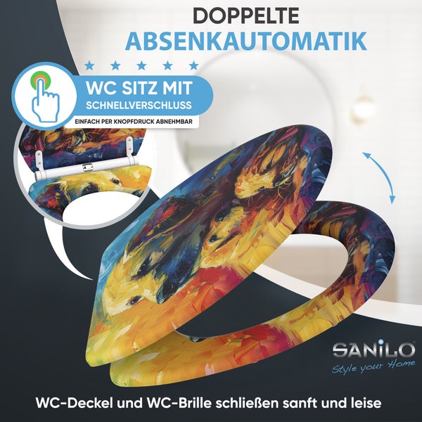 Sanilo WC Sitz mit Absenkautomatik und Schnellverschluss, WC Deckel mit abstraktem Motiv.