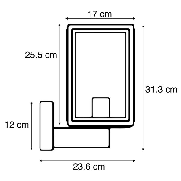 Maßzeichnung einer Wandleuchte: Gesamtbreite 23.6 Zentimeter, Gesamthöhe 31.3 Zentimeter, Lampenkopf 17 mal 25.5 Zentimeter, Halterung 12 Zentimeter.