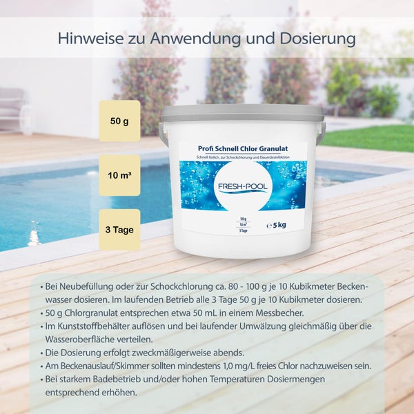 Fresh-Pool Profi Schnell Chlor Granulat, 56% Aktivchlor, 5 kg incl.<br />Dosierbecher - Pool Chlor Granulat | Clorgranulatpool 5kg |<br />Chlorgranulat für Pool | Chlor Pool | Clorgranulatpool
