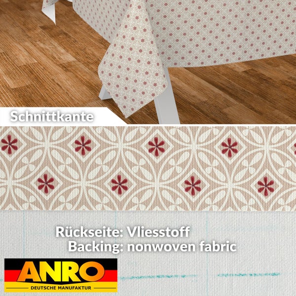ANRO Wachstischdecke mit Blumenmuster, Detailansicht der Schnittkante und der Vliesrückseite, ANRO Logo.