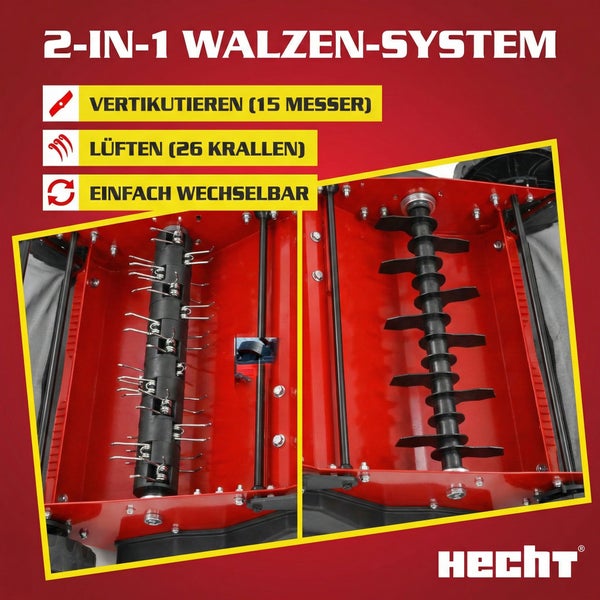 Detailansicht eines Rasenlüfters mit zwei Walzen-Systemen: Vertikutierwalze mit 15 Messern und Lüfterwalze mit 26 Krallen. Hecht Logo.
