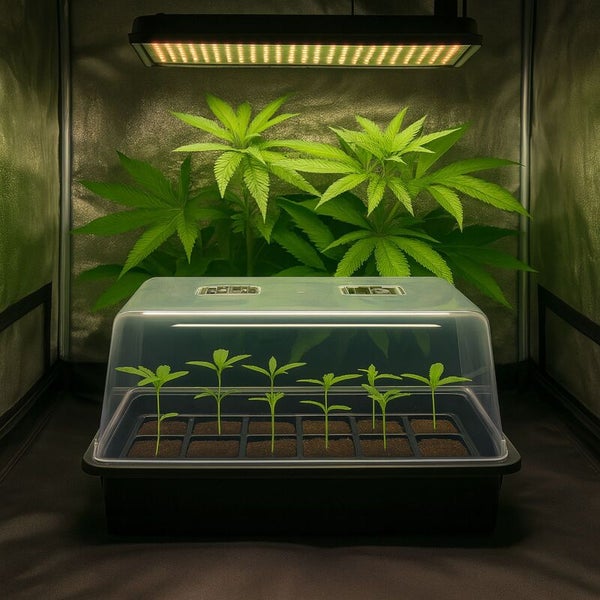 Zimmergewächshaus mit Anzuchtschale und Setzlingen unter einer LED Pflanzenlampe in einem Anzuchtzelt mit größeren Pflanzen im Hintergrund.