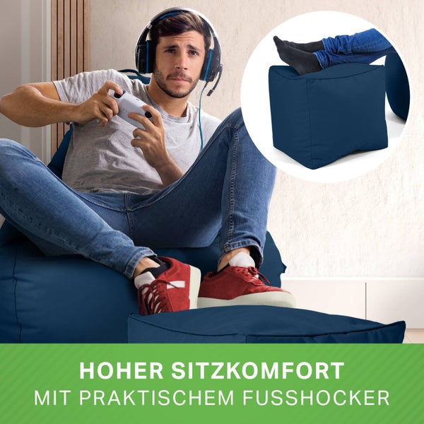 Green Bean 2er Set Sitzsack + Hocker - fertig befüllt - robust waschbar schmutzabweisend - Kinder & Erwachsene Bean Bag Bodenkissen Lounge Sitzhocker Relax-Sessel Gamer Gamingstuhl Pouf - Dunkelblau