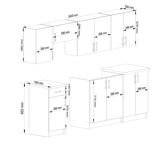 Skizze einer Küchenzeile mit Maßen