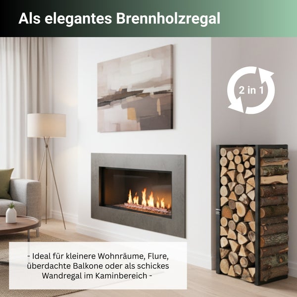 Modernes, helles Wohnzimmer mit brennendem Kamin und einem Brennholzregal aus Metall, gefüllt mit Holzscheiten. Zwei in eins Funktion.