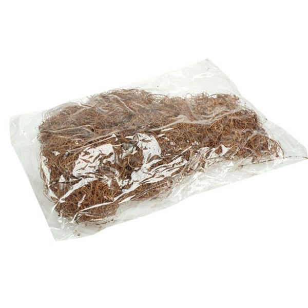 Braune Kokosfasern in einer transparenten Kunststoffverpackung.