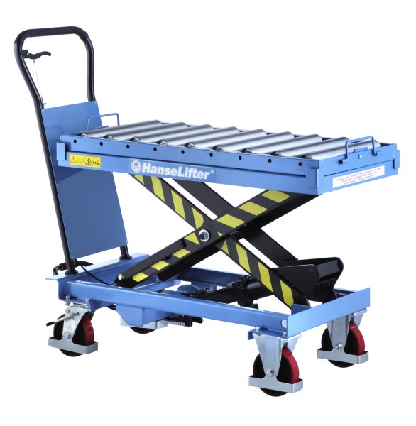 HanseLifter Scherenhubwagen mit Rollenbahn, fahrbarer Hubtisch aus Stahl, mit Scherenmechanismus und Lenkrollen mit Feststellbremse.