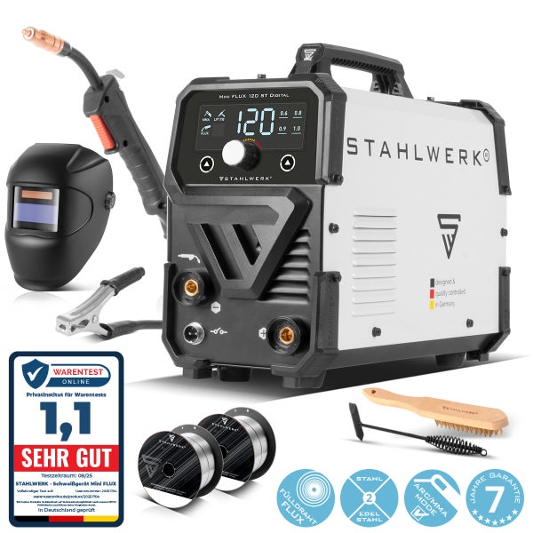 STAHLWERK Mini FLUX 120 ST DIGITAL Schweißgerät Set mit Schweißhelm, Drahtrollen, Bürste, Schlackehammer und Bedienfeld