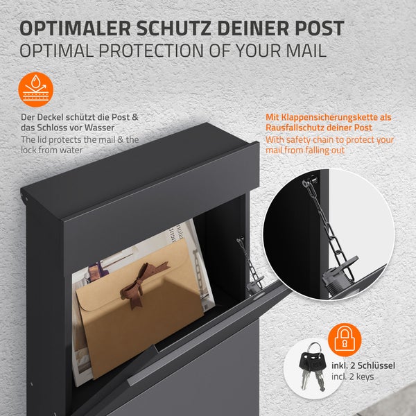 ML-Design Standbriefkasten freistehend, Anthrazit, aus rostfreiem Stahl, 39,5x14,1x115 cm, Abschließbar inkl. 2 Schlüssel, witterungsbeständig, modern, Briefkasten Postkasten Postbox, zum Aufschrauben