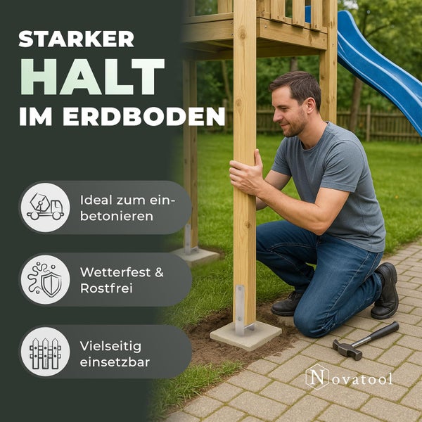 Ein Mann montiert einen Holzpfosten eines Spielturms mit einem wetterfesten, vielseitig einsetzbaren Novatool Pfostenträger zum Einbetonieren.